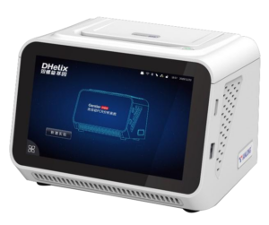 Dhelix Q16R portable qPCR instrument 3.2kg for on-site aquaculture and food safety testing.